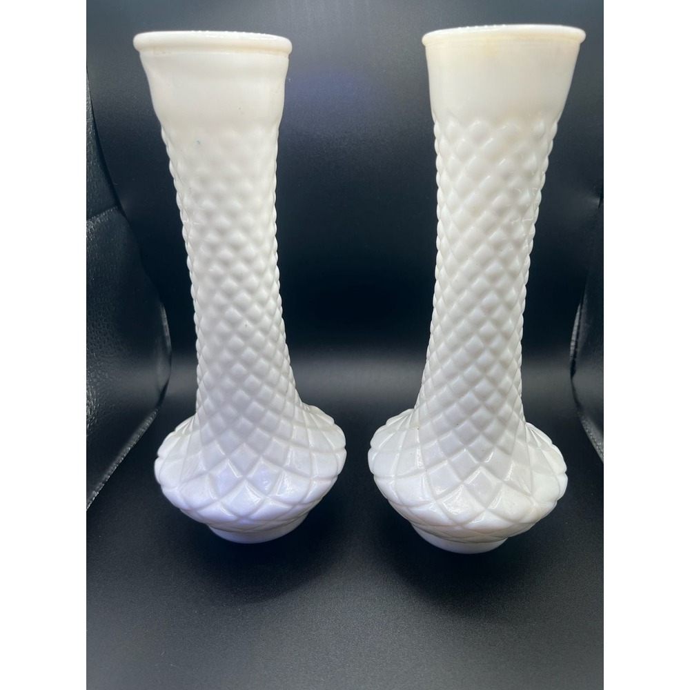 Vintage Pair of Randall White Milk Glass Bud Vases, Quilted Diamond , 9-inch